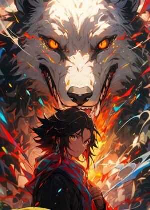 Wolf Spirit Anime Art Print: Fierce Guardian and Mystical Warrior - Premium Wooden Framed Poster. Ready to Hang.
