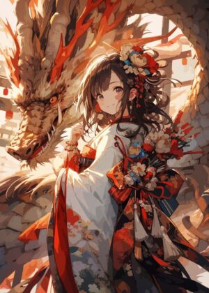 Anime Girl and Dragon: A Mystical Bond - Premium Wooden Framed Poster. Ready to Hang.