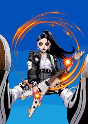 Electric Rockstar Girl Guitar Art Print - Premium Wooden Framed Poster. Ready to Hang.