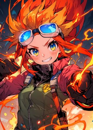 Fiery Anime Girl: Dynamic Artwork Print - Premium Wooden Framed Poster. Ready to Hang.