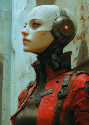 Cyberpunk Female Portrait: Strength and Resilience in a Digital World - Premium Wooden Framed Poster. Ready to Hang.