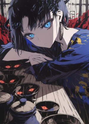 Anime Girl with Striking Blue Eyes - Premium Wooden Framed Poster. Ready to Hang.