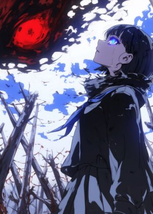 Anime Girl Contemplating the Abyss - Premium Wooden Framed Poster. Ready to Hang.