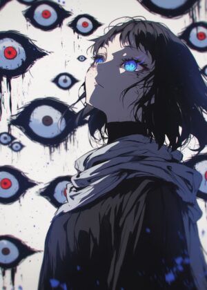 Anime Girl Gazing Upwards Amidst a Sea of Eyes - Premium Wooden Framed Poster. Ready to Hang.
