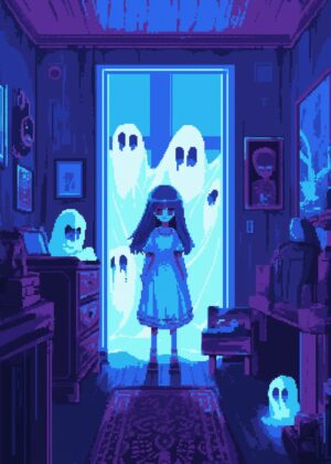 Pixel Art: A Spooky Night in the Haunted House - Premium Wooden Framed Poster. Ready to Hang.