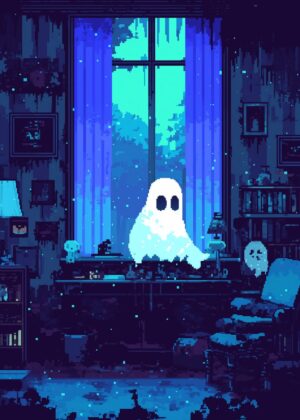 Ghostly Window View: Pixel Art Print - Premium Wooden Framed Poster. Ready to Hang.