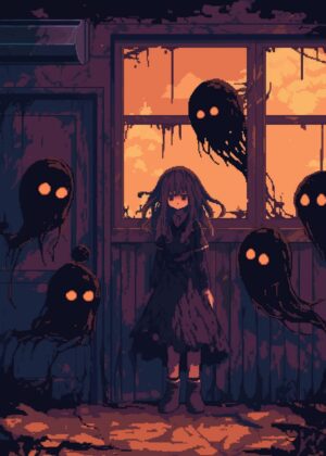 Girl Surrounded by Shadows: A Pixel Art Mystery - Premium Wooden Framed Poster. Ready to Hang.