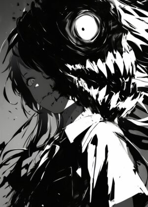 Anime Girl and Monstrous Entity: A Dark Fantasy Art Print - Premium Wooden Framed Poster. Ready to Hang.