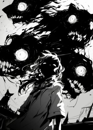 Anime Girl Confronting Dark Entities - Premium Wooden Framed Poster. Ready to Hang.