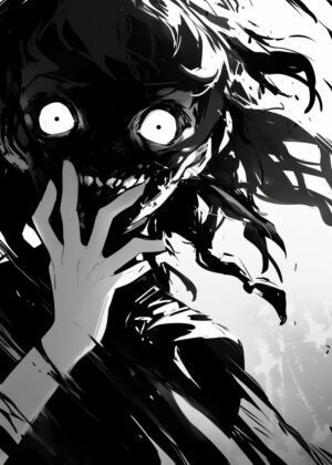 Anime Horror Illustration: Distorted Nightmare - Premium Wooden Framed Poster. Ready to Hang.