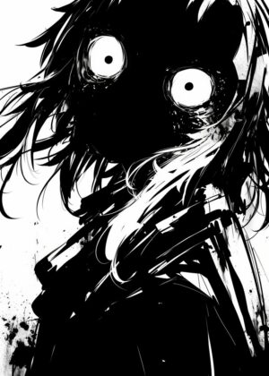 Anime Girl Wide Eyes: Black and White Art Print - Premium Wooden Framed Poster. Ready to Hang.