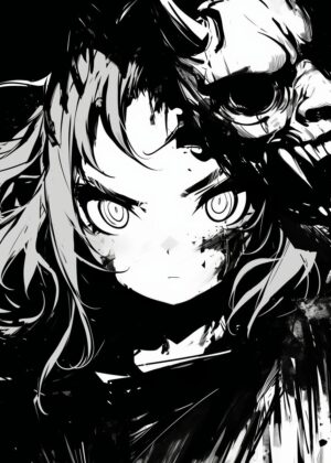 Anime Girl with Oni Mask: Dark Fantasy Art Print - Premium Wooden Framed Poster. Ready to Hang.