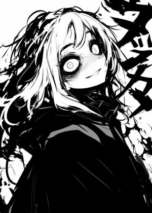 Creepy Anime Girl with Disturbing Smile - Black and White Artwork - Premium Wooden Framed Poster. Ready to Hang.