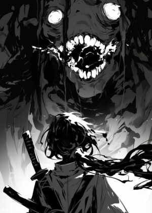 Samurai Confrontation: A Black and White Masterpiece - Premium Wooden Framed Poster. Ready to Hang.