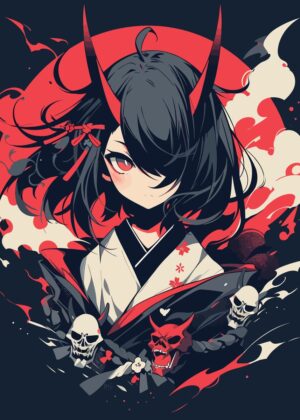Anime Girl with Red Horns: Fiery Spirit Art Print - Premium Wooden Framed Poster. Ready to Hang.
