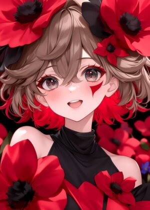 Anime Girl with Red Poppies - Premium Wooden Framed Poster. Ready to Hang.