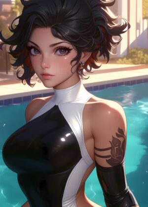 Anime Girl by the Pool: Summer Vibes Artwork - Premium Wooden Framed Poster. Ready to Hang.