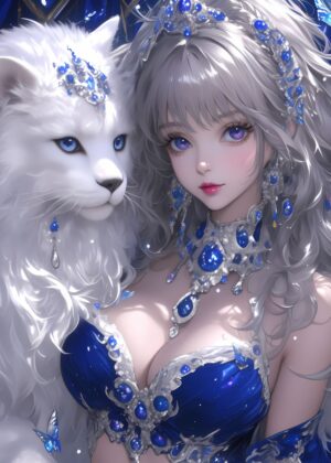 Anime Girl and White Wolf: A Mystical Winter Fantasy - Premium Wooden Framed Poster. Ready to Hang.