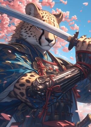 Cheetah Samurai: A Stunning Artwork of Strength and Grace - Premium Wooden Framed Poster. Ready to Hang.