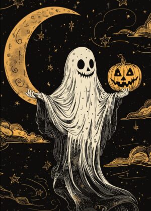 Ghostly Halloween Night: Spooky Season Art - Premium Wooden Framed Poster. Ready to Hang.