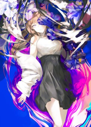 Anime Girl Surrounded by Vibrant Flowers - Premium Wooden Framed Poster. Ready to Hang.