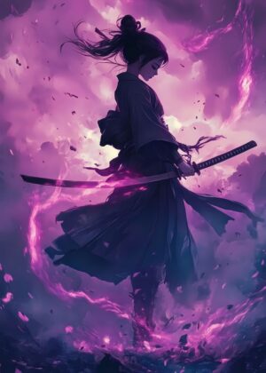 Samurai Anime Woman with Purple Flames Katana Sword Art Print - Premium Wooden Framed Poster. Ready to Hang.