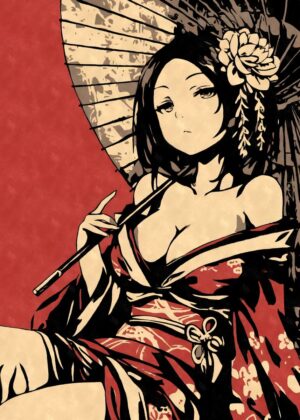 Elegant Geisha Under a Paper Parasol - Premium Wooden Framed Poster. Ready to Hang.