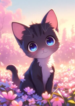 Adorable Anime Kitten in a Flower Meadow - Premium Wooden Framed Poster. Ready to Hang.