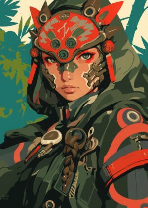 Cyberpunk Female Warrior: Digital Art Print - Premium Wooden Framed Poster. Ready to Hang.