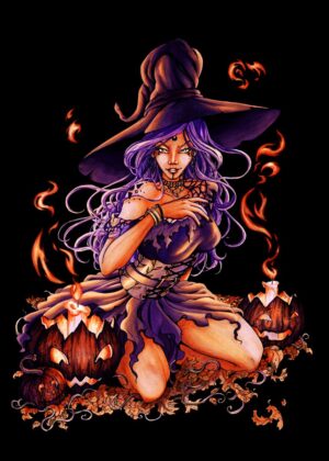 Enchanted Halloween Witch Artwork - Premium Wooden Framed Poster. Ready to Hang.