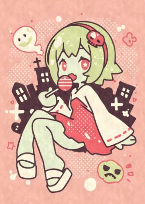 Kawaii Halloween Zombie Girl with Lollipop Art Print - Premium Wooden Framed Poster. Ready to Hang.