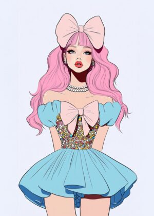 Pink Hair Bow Girl: Whimsical Fashion Illustration - Premium Wooden Framed Poster. Ready to Hang.