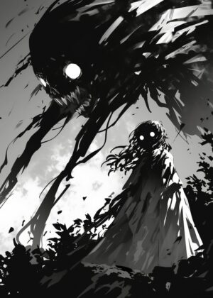 Shadow Monster and Girl: A Dark Fantasy Artwork - Premium Wooden Framed Poster. Ready to Hang.