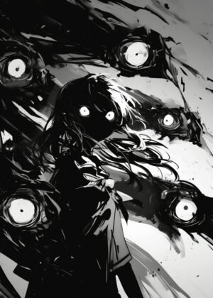 Anime Girl Surrounded by Eyes - Premium Wooden Framed Poster. Ready to Hang.