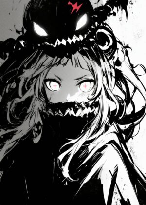 Dark Anime Girl with Mask: Monochrome Art Print - Premium Wooden Framed Poster. Ready to Hang.