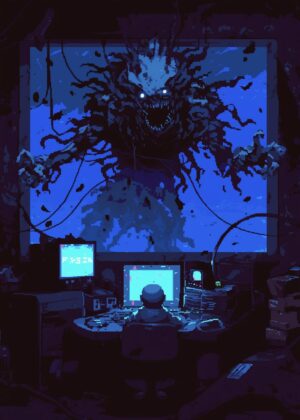 Digital Horror: Pixel Art of a Monstrous Entity - Premium Wooden Framed Poster. Ready to Hang.