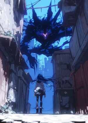 Anime Girl Confronts Shadowy Beast in Urban Alleyway - Premium Wooden Framed Poster. Ready to Hang.