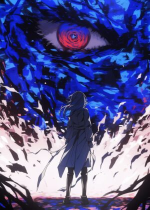 Anime Girl Confronts a Colossal Eye - Premium Wooden Framed Poster. Ready to Hang.