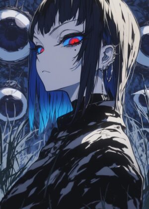 Anime Girl with Electric Blue Hair - Premium Wooden Framed Poster. Ready to Hang.
