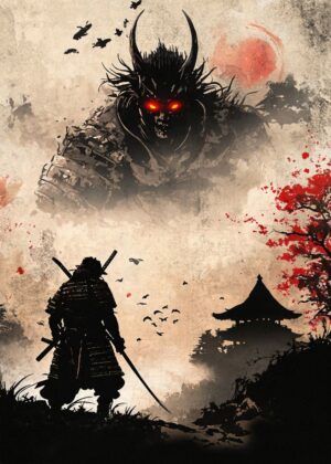 Samurai Facing Oni Demon: A Japanese Art Print - Premium Wooden Framed Poster. Ready to Hang.