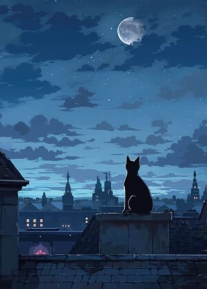 Midnight Cityscape with a Silhouetted Cat - Premium Wooden Framed Poster. Ready to Hang.