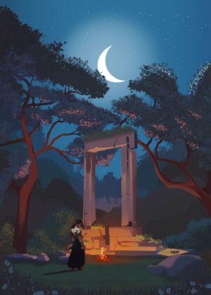 The Elusive Samurai: Night in the Ancient Ruins - Premium Wooden Framed Poster. Ready to Hang.
