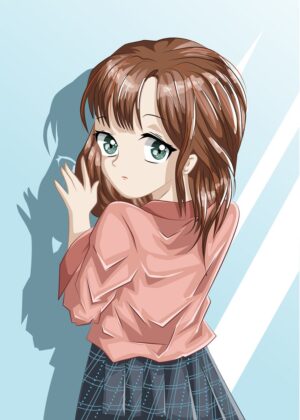 Anime Girl with Brown Hair: A Charming Illustration - Premium Wooden Framed Poster. Ready to Hang.
