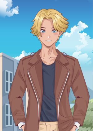 Anime Boy with Blonde Hair: Stylish and Charming - Premium Wooden Framed Poster. Ready to Hang.