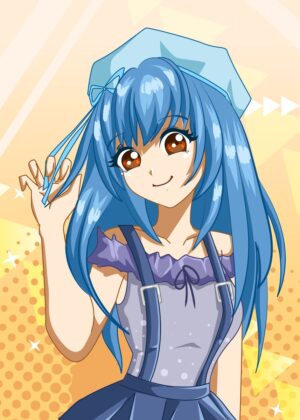 Anime Girl with Blue Hair: Vibrant Digital Art Print - Premium Wooden Framed Poster. Ready to Hang.