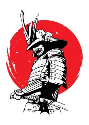Samurai Warrior: A Striking Black and White Illustration - Premium Wooden Framed Poster. Ready to Hang.
