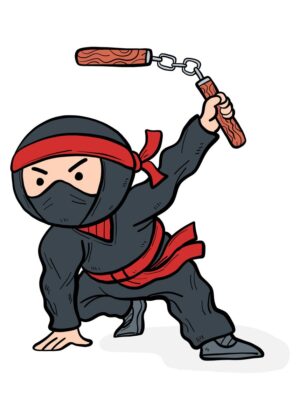 Cartoon Ninja Warrior Illustration - Premium Wooden Framed Poster. Ready to Hang.