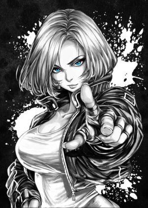Fierce Fighter Girl with Striking Blue Eyes: Black and White Art Print - Premium Wooden Framed Poster. Ready to Hang.