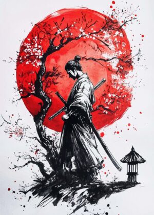 Samurai Under Red Moon: A Powerful Ink and Watercolor Artwork - Premium Wooden Framed Poster. Ready to Hang.