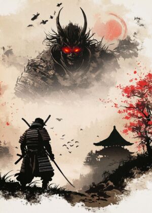 Samurai Facing Oni Demon: Japanese Art Print - Premium Wooden Framed Poster. Ready to Hang.